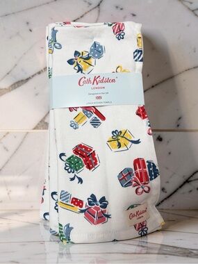 Cath Kidston NWT Package of 3 Whimsical White Dish Towels with Colorful Presents